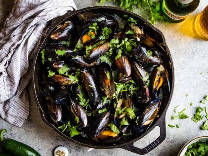 Cilantro beer broth mussels