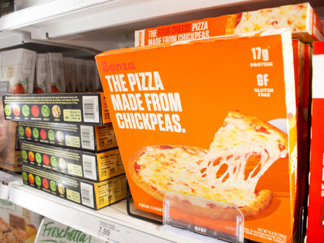 Banza frozen pizza in a grocery store freezer