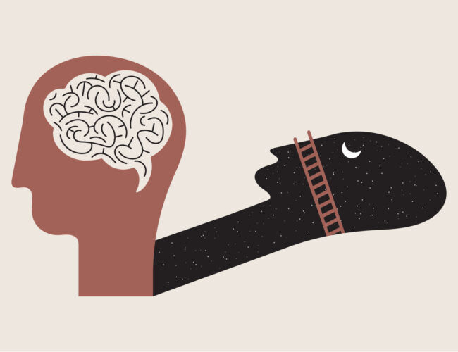 an illustration of a ladder coming up from a shadow of a brain? i know that's not as helpful as it could be but it's a pretty abstract illustration